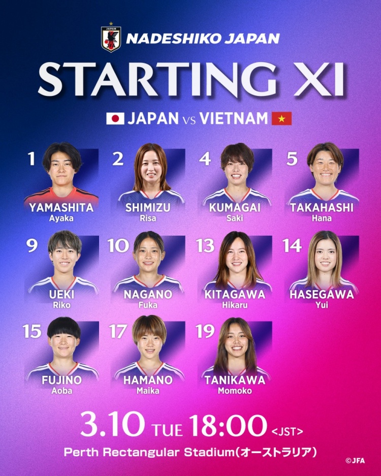 日本女足vs越南女足首发:长谷川唯、清水梨纱、谷川萌萌子出战